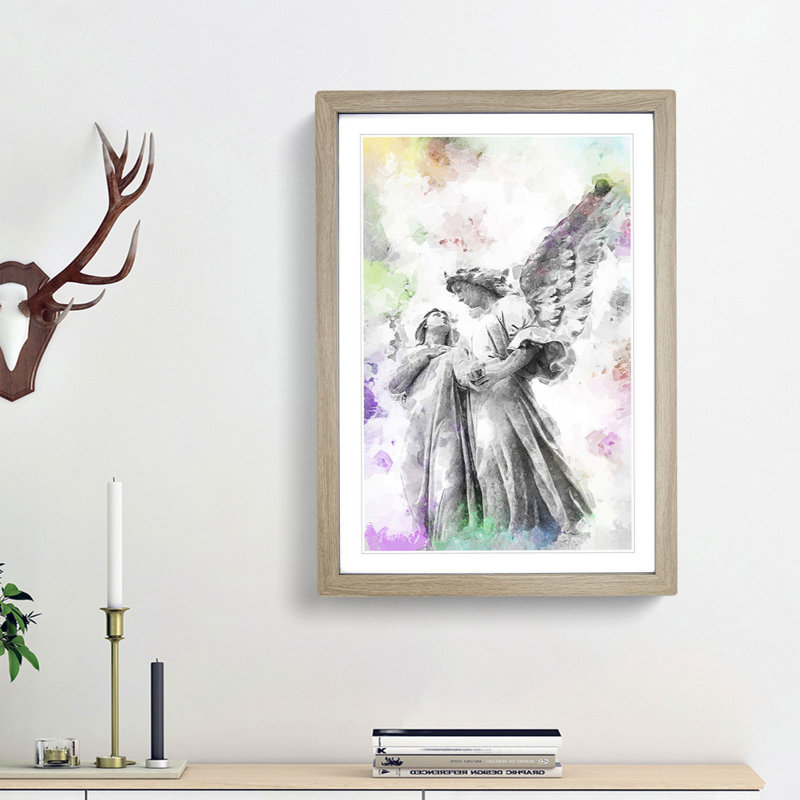 Angel Statue In Abstract - Single Picture Frame Painting, 45cm H x 33cm W x 2cm D, Oak Framed