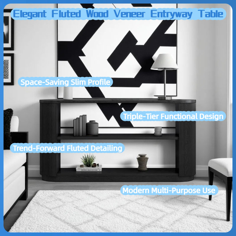Modern 59" Console Table - Slim Sofa Table with Triple Open Shelves - Curved Fluted Design, Black