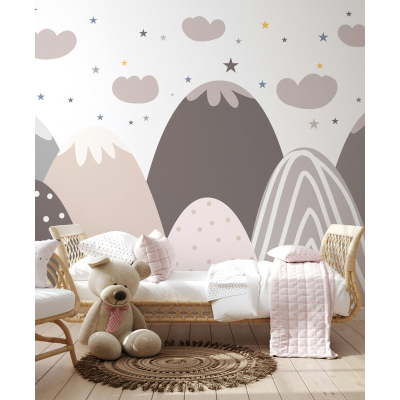 Ciel nocturne, nuages, montagnes enneigées, étoiles, fond blanc, papier peint amovible, L 105,96 po x l 187 po