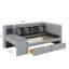 Lit de jour simple rembourré en tissu avec tiroirs, étagères, armoires rabattables et table d'appoint attenante-2139364949