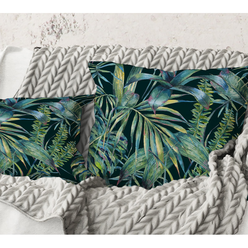 Carré, feuilles naturelles exotiques sur fond foncé I - Coussin décoratif imprimé tropical, 16" x 16"