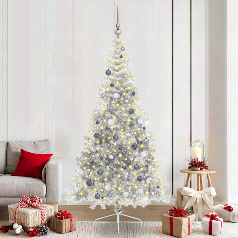 Artificial Pre-lit Christmas Tree PVC, 210 cm, with 120 White/Grey Balls, Black
