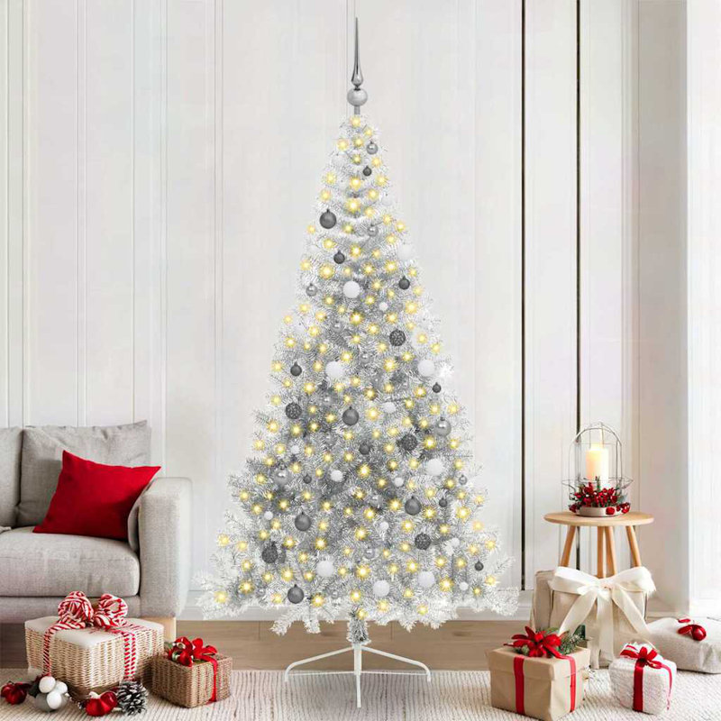 Artificial Pre-lit Christmas Tree PVC, Silver, 150 cm, with 60 White/Grey Balls