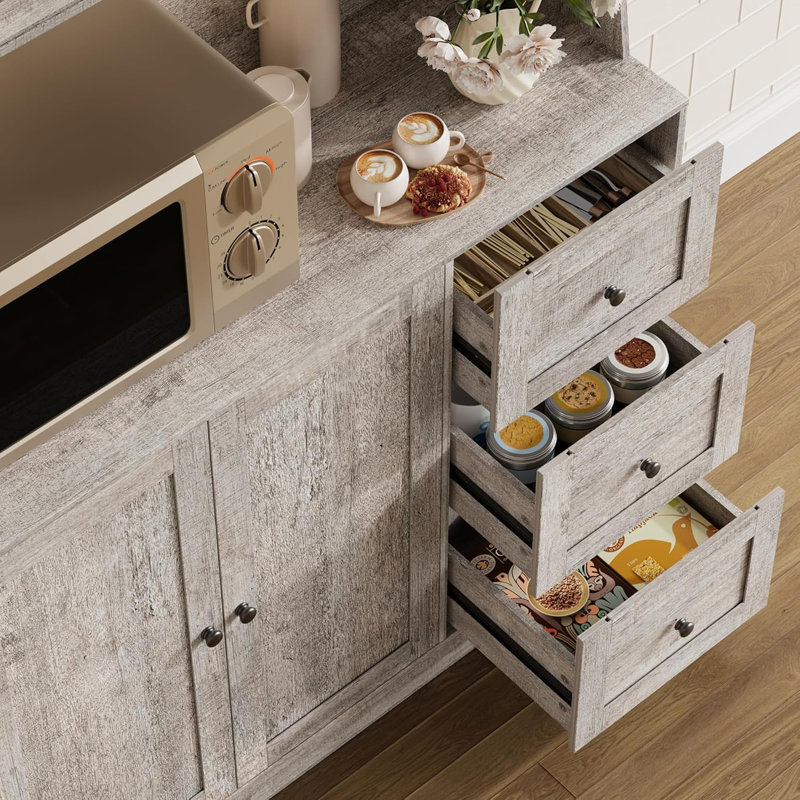 Armoire de rangement de 67 po de hauteur avec armoire à micro-ondes et étagère avec portes et tablettes à tiroirs avec rangement pour le bureau (gris)