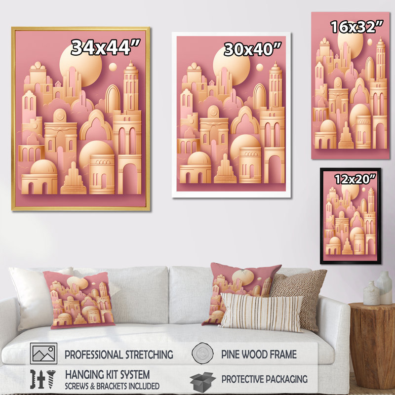 Oriental City en or rose rétro, H 40 po x l 30 po, Cadre flottant blanc