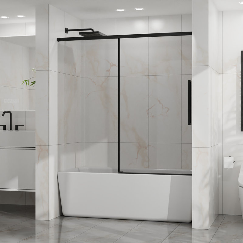 Frameless Bathtub Door, 60" W X 58" H Sleek Silent Sliding Glass Door, 1/4" (6Mm) Thick Tempered Clear Glass With Easy-Clean Coating, Heavy-Duty 304 Stainless Steel