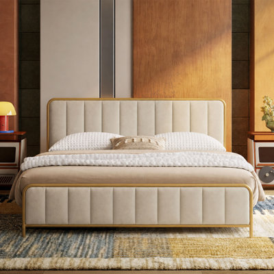 Nordic Glam Vertical Tufted Upholstered Bed, Gold Frame Metal Legs, Fabric