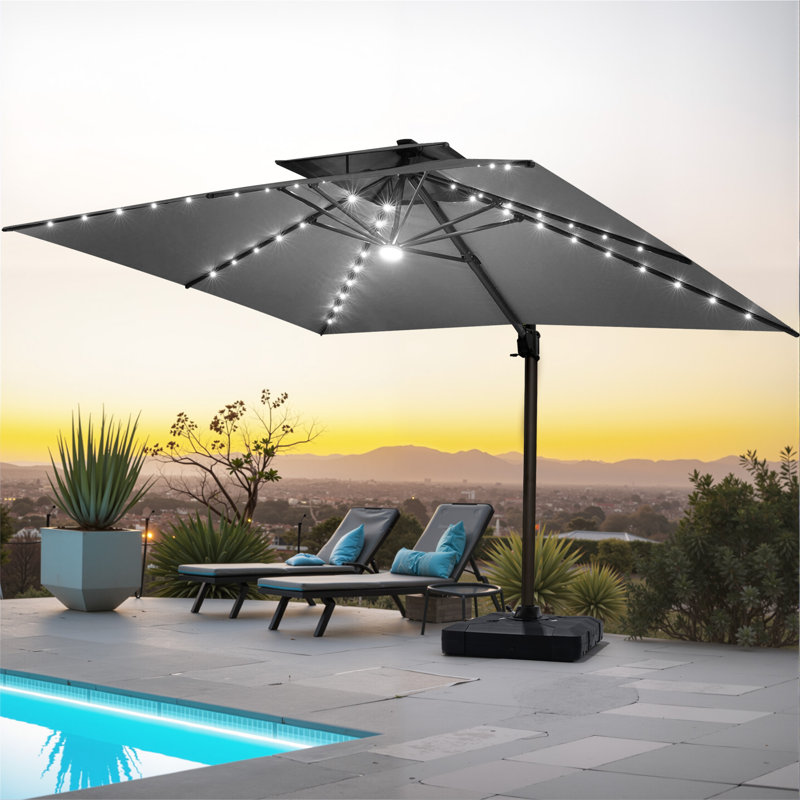 Parasol extérieur rectangulaire en porte-à-faux à DEL 153 po x 116 po, base lestée inclus, Gris foncé
