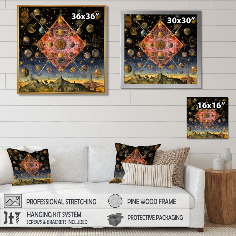 Alchimie signe univers - pierre spirituelle, décoration murale, Toile avec cadre flottant noir, H 16 po x l 16 po x P 1 po