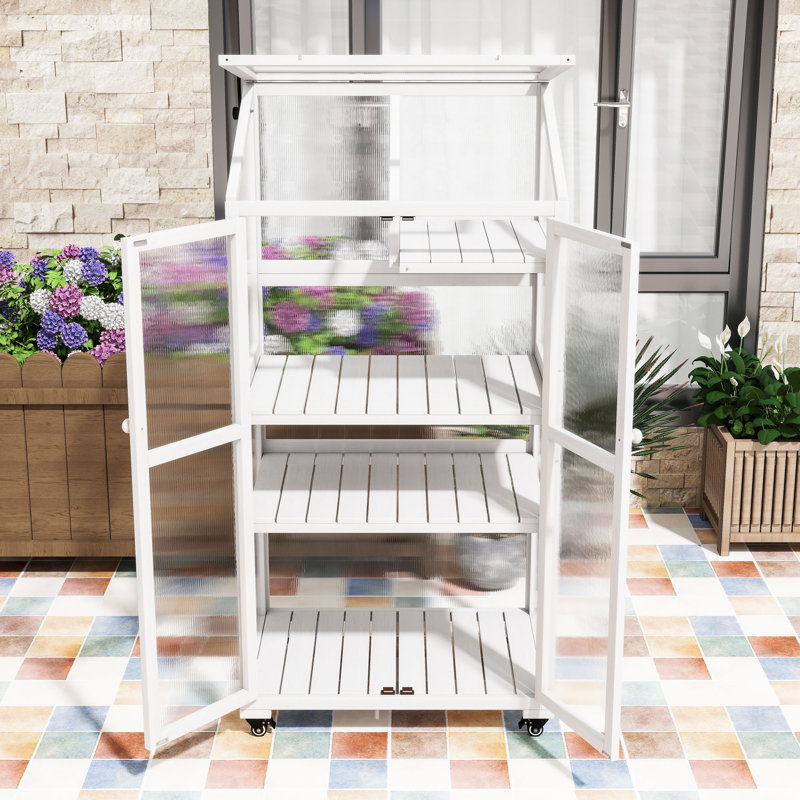 Portable Wooden Greenhouse Cold Frame with Adjustable Shelves, Wheels and Openable Roof, White
