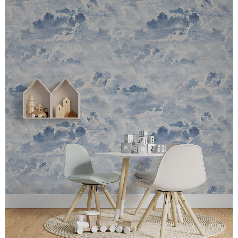 Papier peint chambre bleue avec nuages bleu, L 114 po x L 76 po