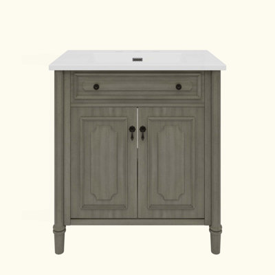 Meuble-lavabo vintage avec lavabo, armoire de salle de bain rustique avec portes à fermeture en douceur et tablette réglable, conception à profil incurvé, pieds en bois d'hévéa