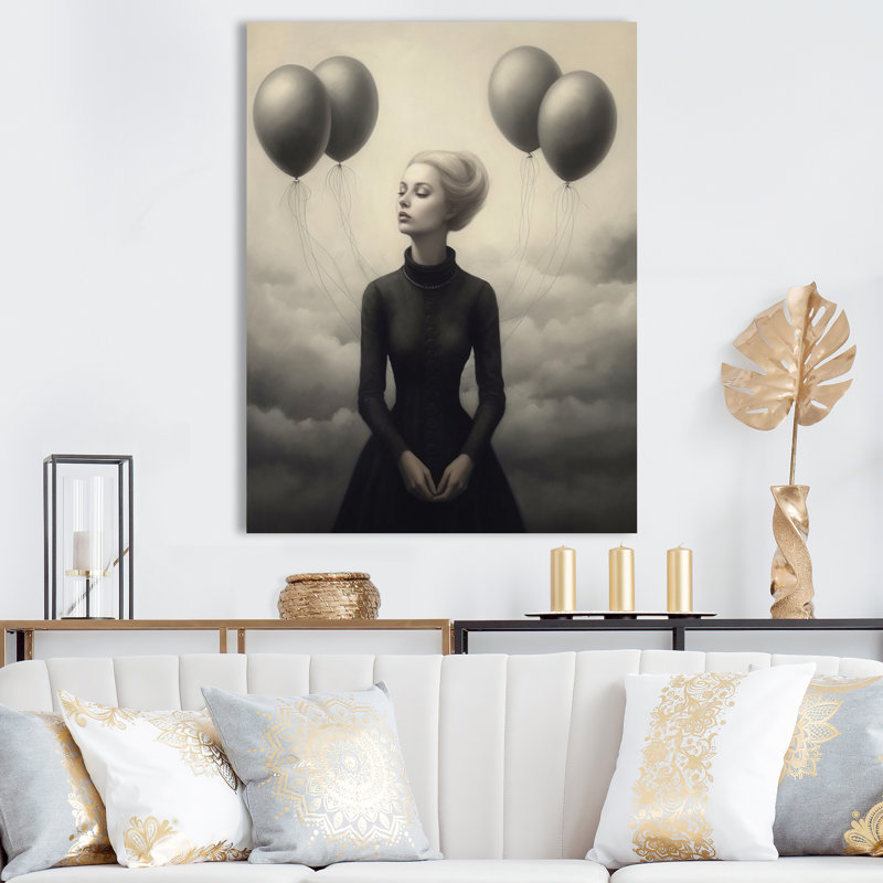 Portrait surréel monochrome avec ballons sur toile, H 44 po x l 34 po x P 1,5 po, Toile tendue