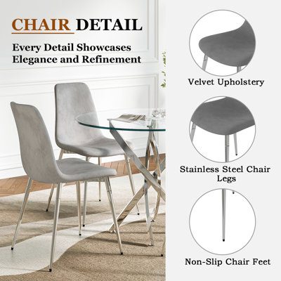 36" Round Glass Dining Set, Modern Cross Stainless Steel Base and 4 Velvet Upholstered Dining Chairs