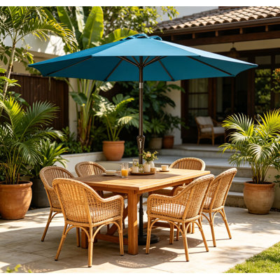 Parasol de marché pour terrasse 9 pi avec manivelle et inclinaison à bouton-poussoir, 8 nervures imperméables aux rayons UV
