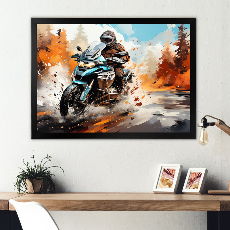 Aquarelle, motocyclette, sentier Speedster, H 16 po x l 32 po x P 1 po, Cadre simple noir
