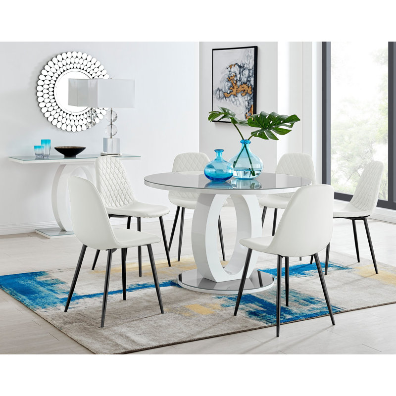 Scottsmoor 6 Seater High Gloss Round Dining Table Set with 6 Luxury Faux Leather Dining Chairs, White, Gray