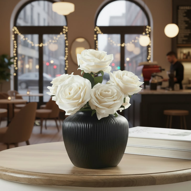 2-Piece 5-Inch Black Textured Striped Round Ceramic Vases