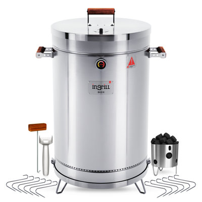 Uncoated 430 Stainless Steel Vertical Charcoal Smoker and Grill, 40 lb Capacity, 3-in-1 Smoke Grill Bake Drum Smoker with Thermometer, Adjustable Vents and 12 Hanging Hooks, INGRILL Basic