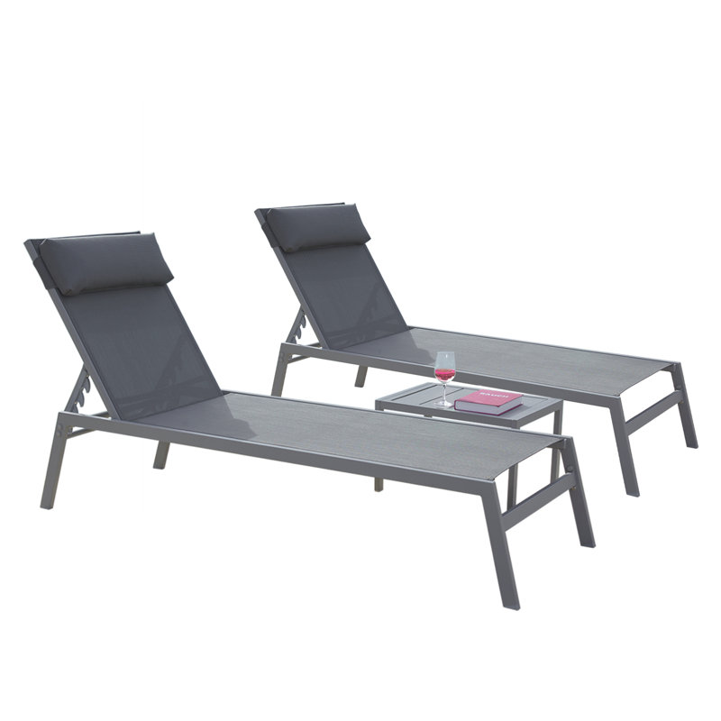 Olida Outdoor Metal Chaise Lounge with Table (3 -Pieces), Gray, Gray
