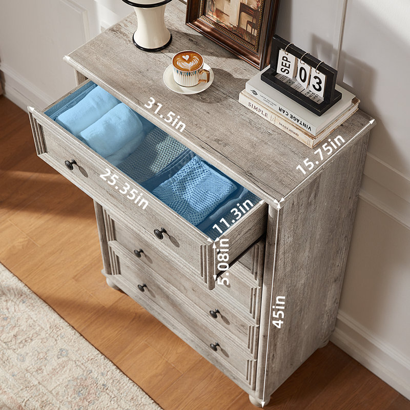 Farmhouse 5 Drawers Dresser For Bedroom, Wood 45" Tall Chest Of Drawers, Dresser Rustic Storage Dressers Organizer With Metal Handle Closet For Living Room, Hallway Entryway