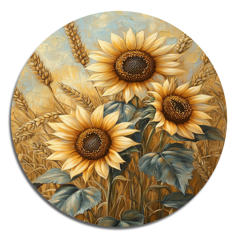 Décoration murale ronde en métal Sunflowers In The Wheat Barnyard II, H 23 po x l 23 po