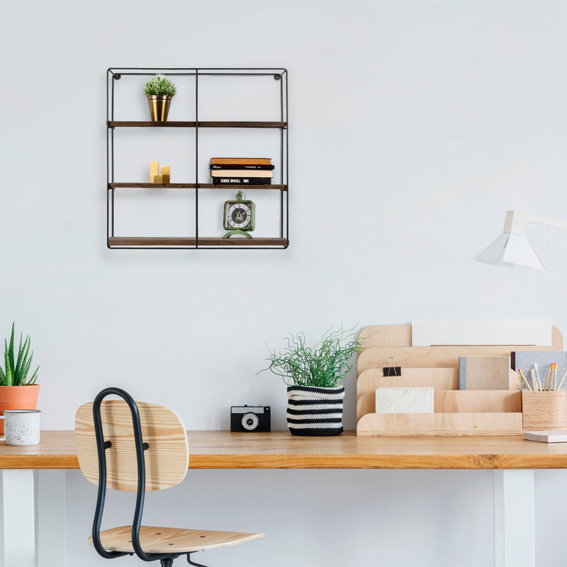 Ensemble de tablettes murales modernes (3 pièces), noir et noyer, 23,6 x 5,5 x 5,9 pouces | 100% bois d'épinette et structure en métal, épaisseur: 0,6 po | Solution de rangement élégante et fonctionnelle pour la maison ou le bureau, design industrie