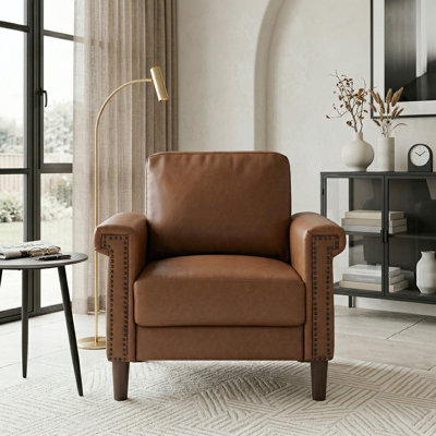 Fauteuil en similicuir couleur chocolat, garni de clous décoratifs, pour salon (1 pièce)