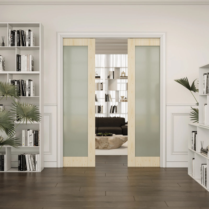 1-Lite Frosted Pocket Door Pine Solid Core Sliding Double Pocket Door For Bedroom With Hardware/Soft Close, 56" x 80"