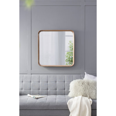 Miroir carré en bois 32 po x 32 po - salon, salle de bain, entrée. Style minimaliste, lignes courbes. Miroir 29,9 po x 29,9 po, 50% bois de pin, 25% 19,6 lb, brun avec bordure en bois de style charmant, bords. ,