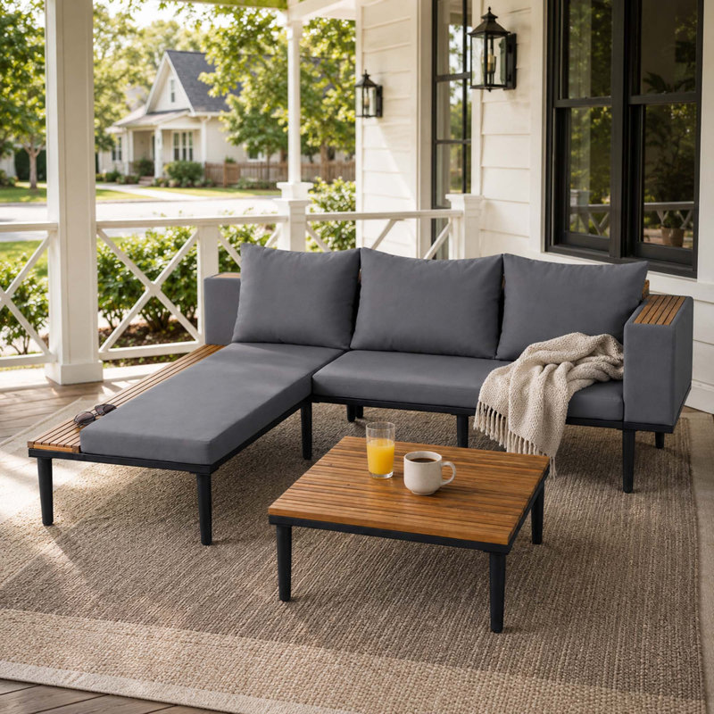 Ensemble de canapé d'extérieur moderne en bois d'acacia avec coussins résistants à l'eau et table basse pour terrasse, Grey