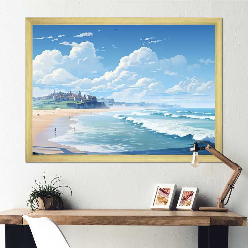 Plages françaises basques II sur toile, Cadre doré simple, H 34 po x l 44 po x P 1,5 po