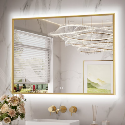 LED Bathroom Mirror with Backlit,Bathroom Vanity Mirror, Metal Framed Beveled Edge, 3 Color Lights, Safe Defogging