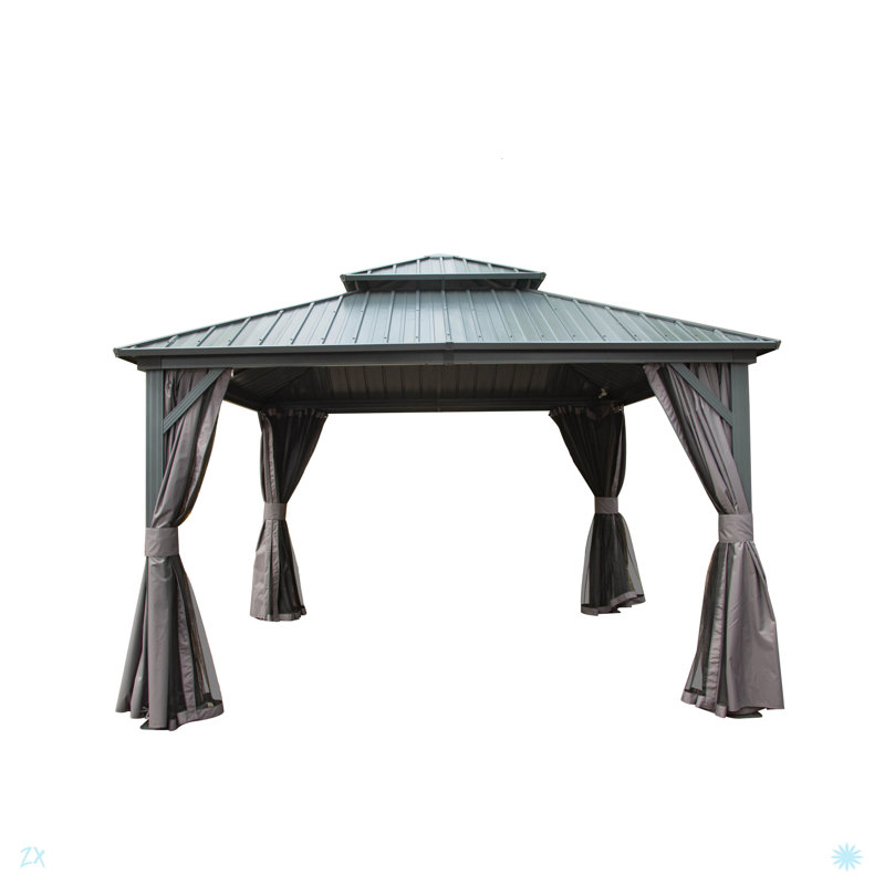 Hardtop Gazebo, Aluminum Metal Gazebo With Galvanized Steel Double Roof Canopy, Curtain And Netting, Permanent Gazebo Pavilion For Patio, Backyard, Deck, Lawn