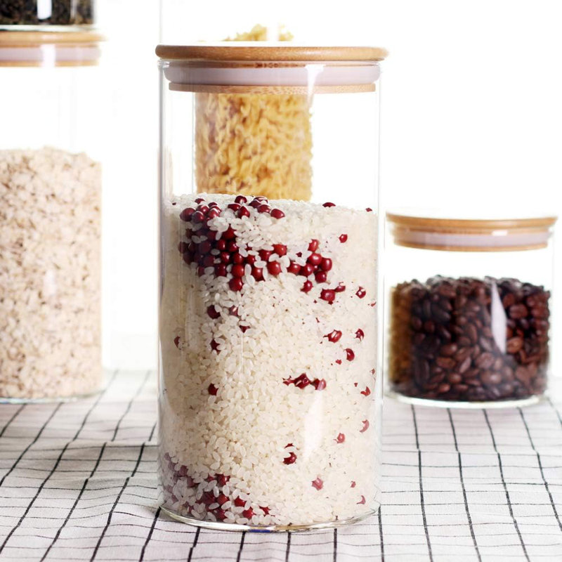 Stackable Kitchen Canisters Set, Pack Of 5 Clear Glass Food Storage Jars Containers With Airtight Bamboo Lid For Candy, Cookie, Rice, Sugar, Flour, Pasta, Nuts