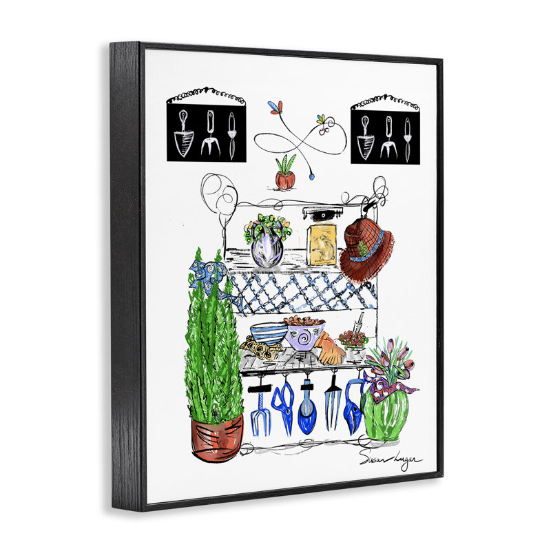 Giclée encadrée de jardinage printanier, conception par Susan Lugar, H 14 po x l 11 po, Giclée encadrée noir minuit