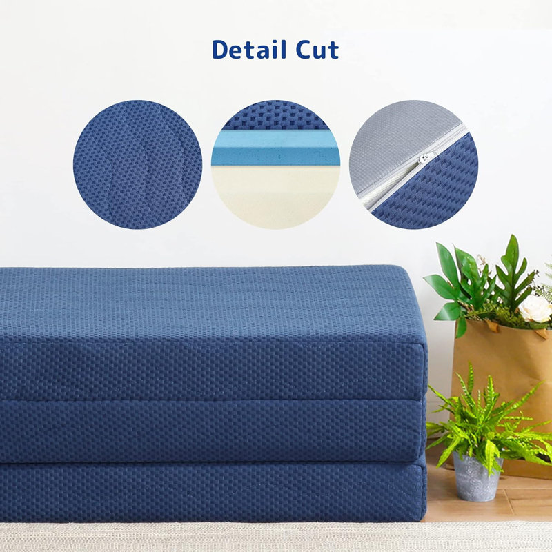 Tri-Folding Memory Foam Mattress Topper, 4 Inch Gel Folding Mattress For Camping, Foldable Guest Bed, Washable Cover, Certipur-US Certified, Soft, Blue