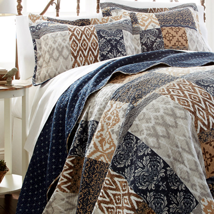 Blue and Beige Cotton Reversible Full Quilt Set