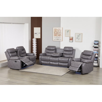 3-Piece Vegan Leather Manual Reclining Living Room Set With LED Lighting &Hidden Cupholder by Brayden Studio