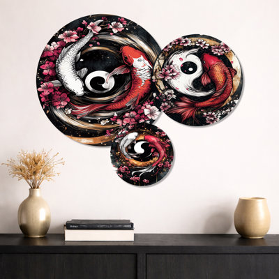 Art mural en métal 3 pièces Sakura Yin And Yang Koi Pond I - Red Koi