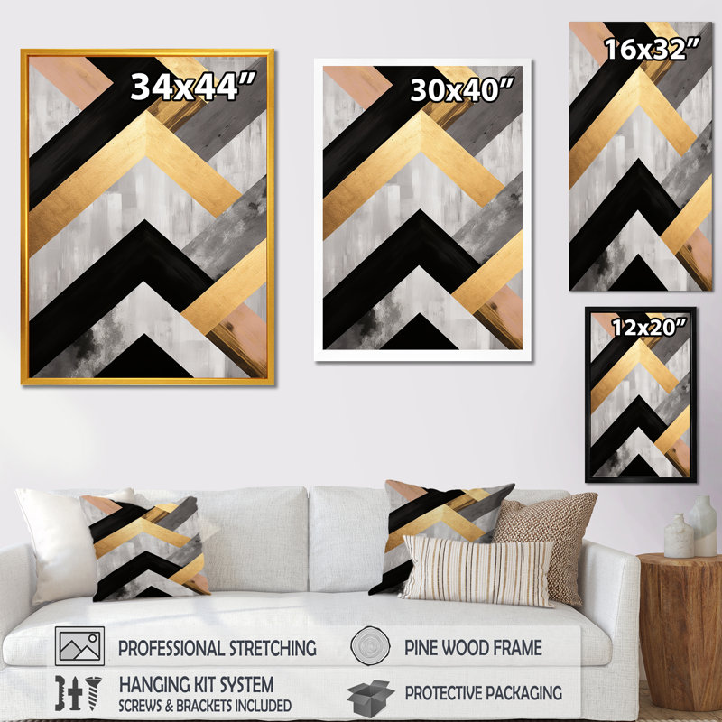 Carreaux géométriques noirs et dorés 4 - art mural géométrique, Cadre doré simple, H 20 po x l 12 po x P 1 po