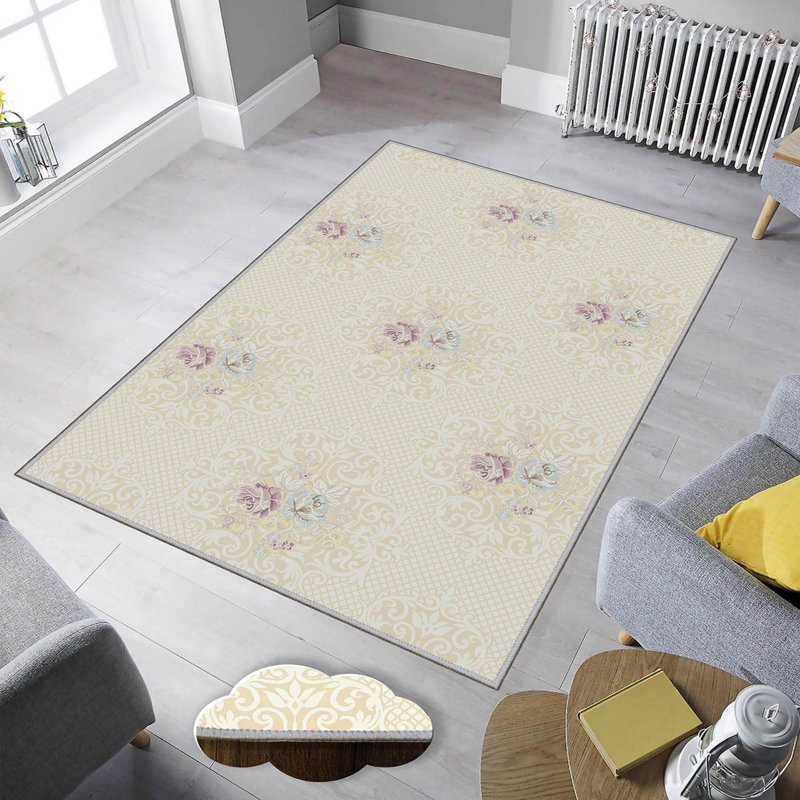 Tapis floral en polyester tissé à la machine Mcmann - beige / mauve / bleu, Rectangle 3 pi 11 po x 5 pi 11 po