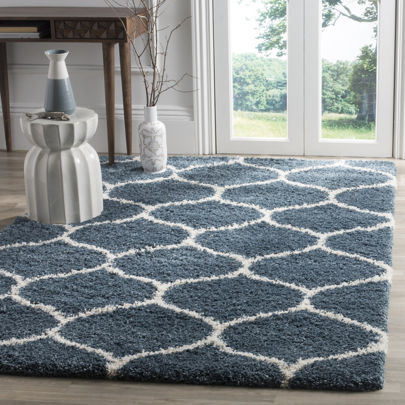 Tapis à poils longs Darrold Hudson, Rectangle 6 pi x 9 pi, Bleu / Ivoire