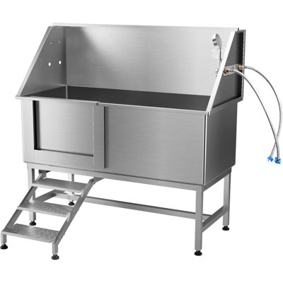 62" Dog Grooming Bath Tub Stainless Steel w/ Stairs Faucet Showerhead