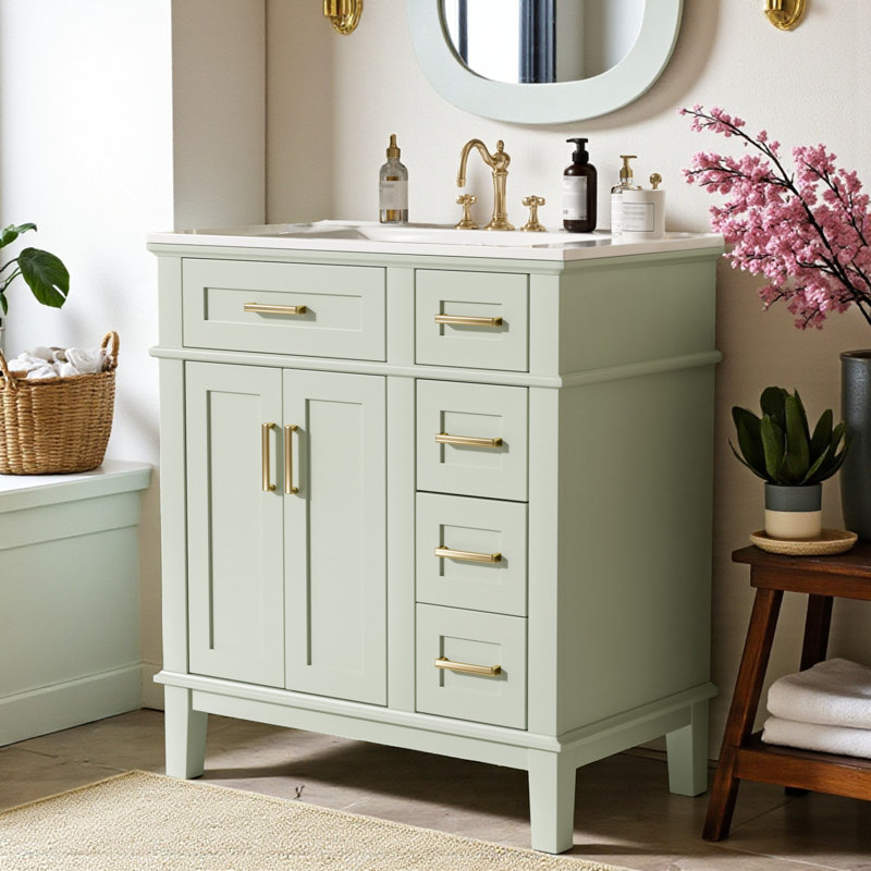 Meuble-lavabo simple 30 po avec comptoir en céramique, Vert, Doré