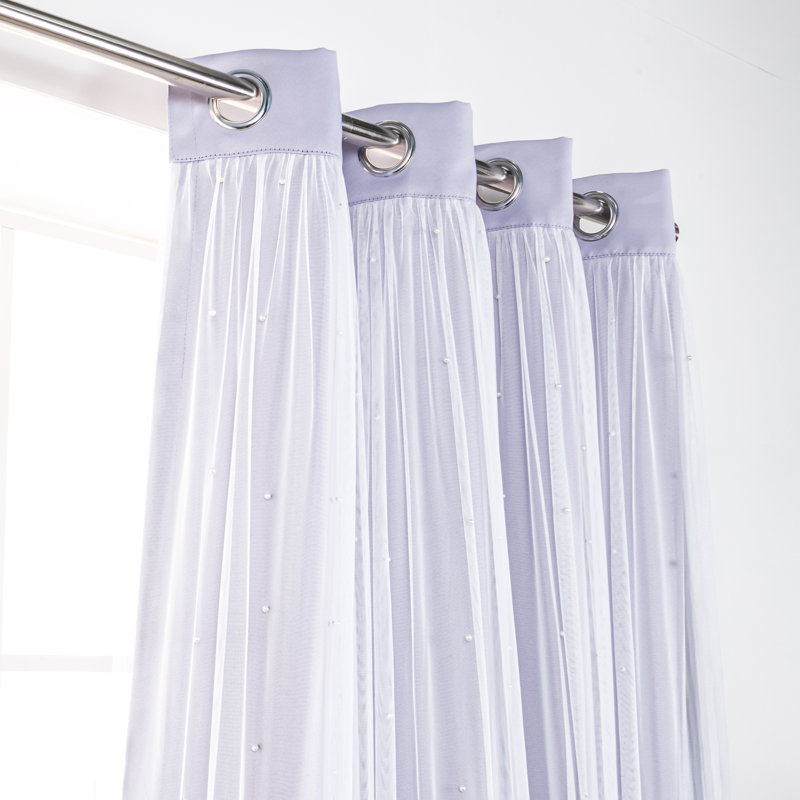 Pearl Beaded Tulle Overlay Room Darkening Grommet Curtains (Set Of 2), Lilac, 52" W x 84" L