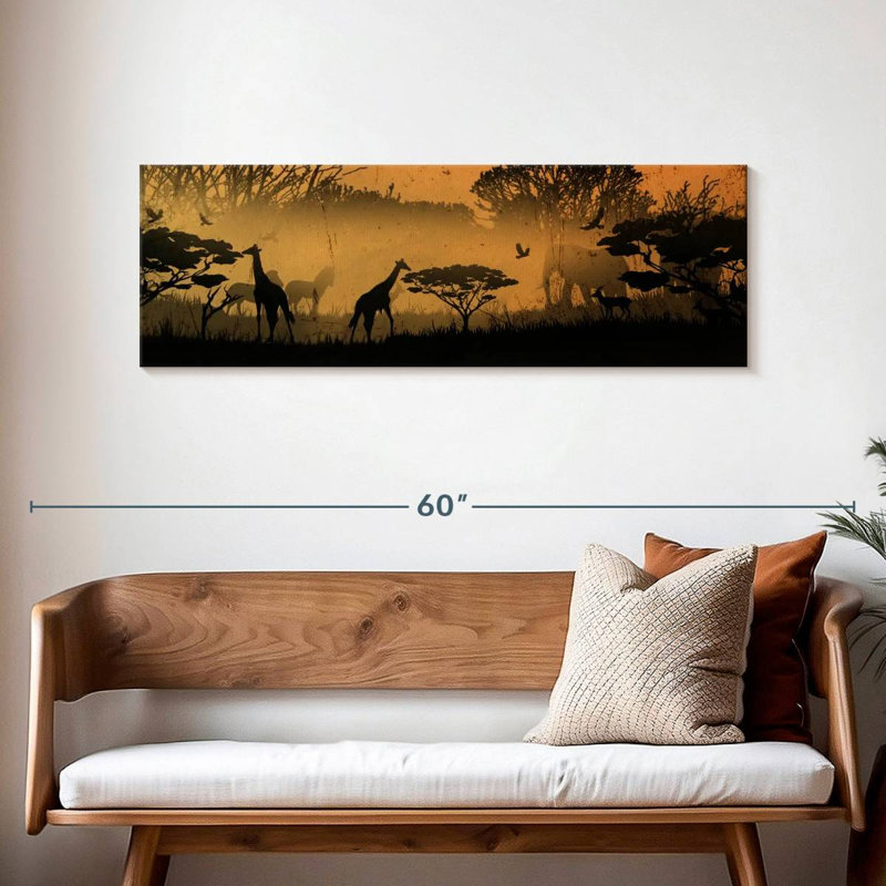 Silhouette d'animaux d'Afrique sur toile, H 16 po x l 48 po x P 1,25 po