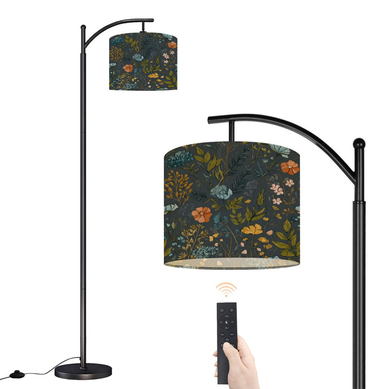 Lampe sur pied à arc avec abat-jour réglable fleurs botaniques, fleurs sauvages, lampe sur pied vintage rétro, 3 températures de couleur, intensité variable, grand mât avec interrupteur au pied pour la chambre à coucher