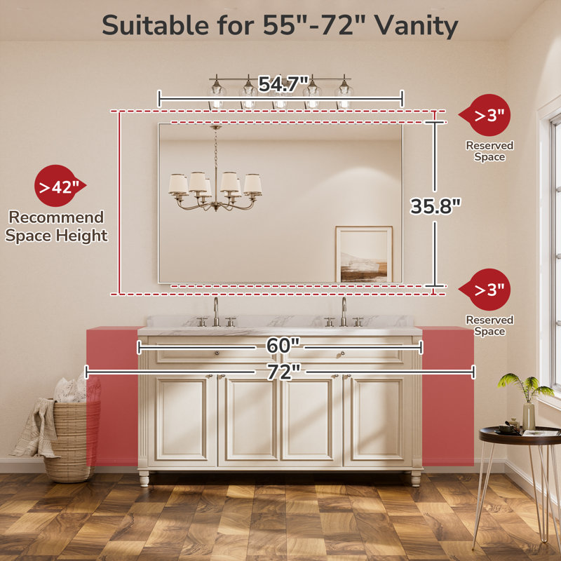 Rectangle Bathroom Vanity Mirror with Aluminum Frame and Tempered Glass, 55" x 36", Nickel