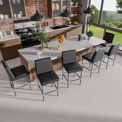 Counter Height Bar Stools Set of 6, 26" Industrial Kitchen Counter Height Stools with Back, Black Leather Barstools with Padded Seat and Painted Metal Frame for Kitchen Island